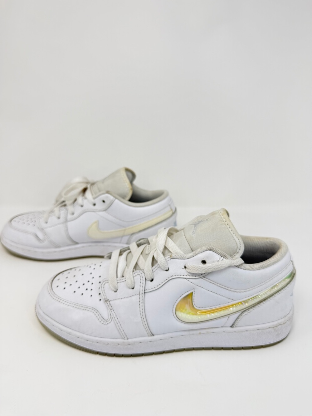 Nike Kids White Sneakers with Iridescent Yellow Swoosh